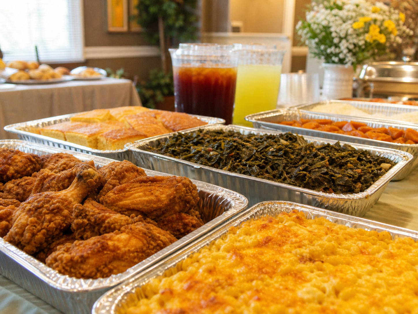 Soul food catering buffet with fried chicken, sides, cornbread, tea, and lemonade