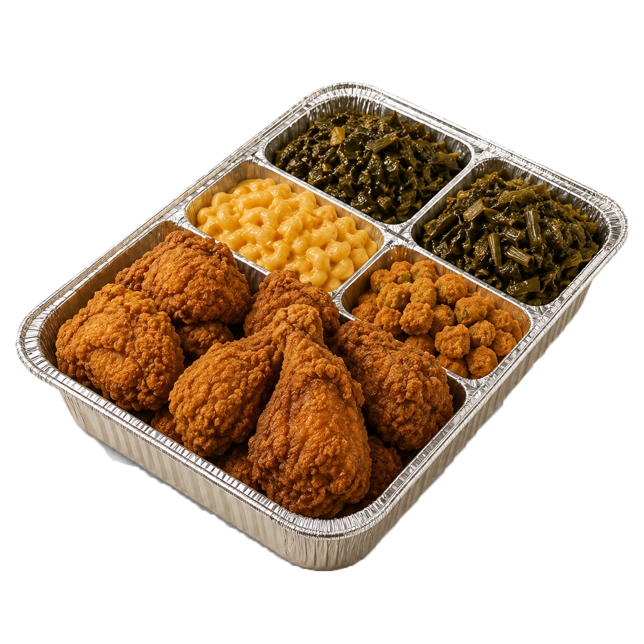 Family meal tray with fried chicken, macaroni and cheese, greens, and okra