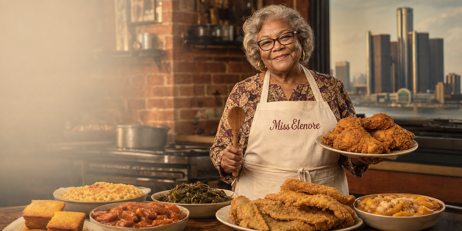 Miss Elenore with soul food in a warm kitchen